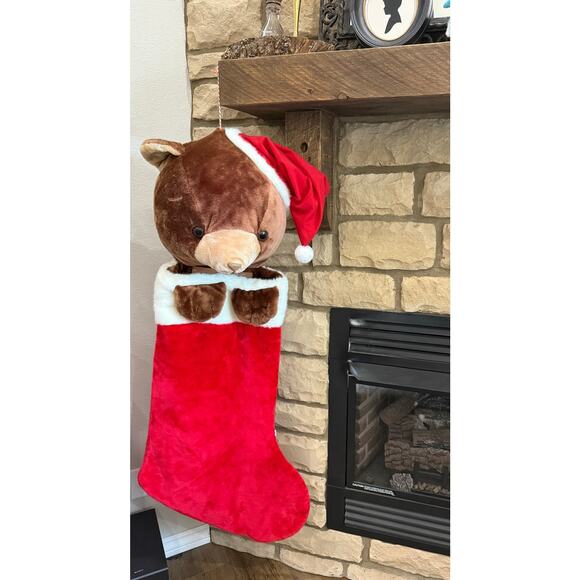 Vintage 80s Christmas Stocking Plush 3D Teddy Bear‎ Santa Hat 48" Humongous XL - Picture 1 of 13